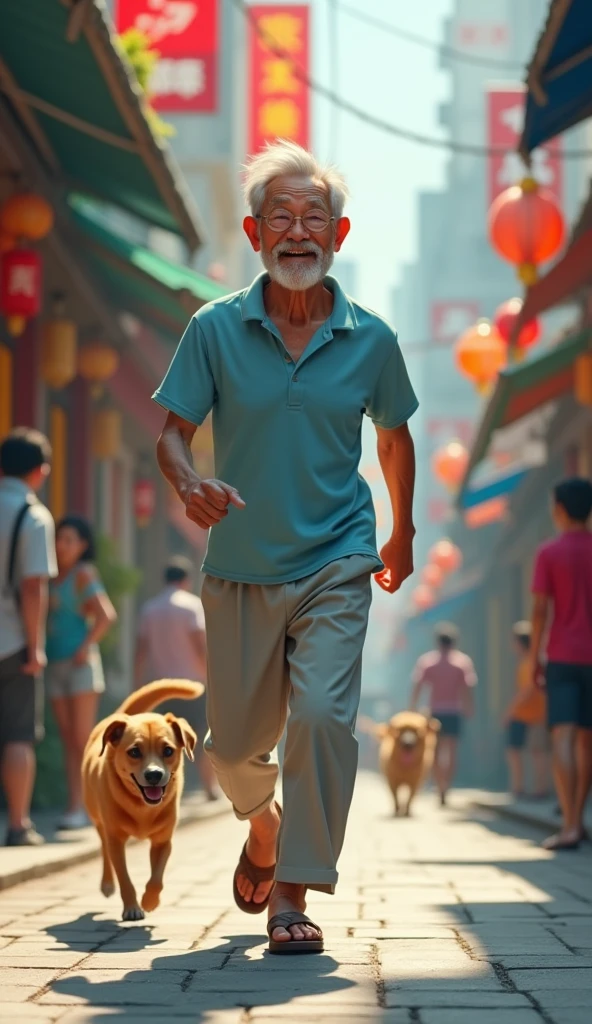 Mr. Tu is an old man over 60 years old., skinny, dark skin, short neat silver hair. Face without beard .He wore a light blue short-sleeved shirt., light gray khaki pants, brown rubber sandals. The Shoe Lost In A Hurry, Mr. Tu dropped a shoe and had to go back to look for it while the dog was still chasing him.. 3D image 