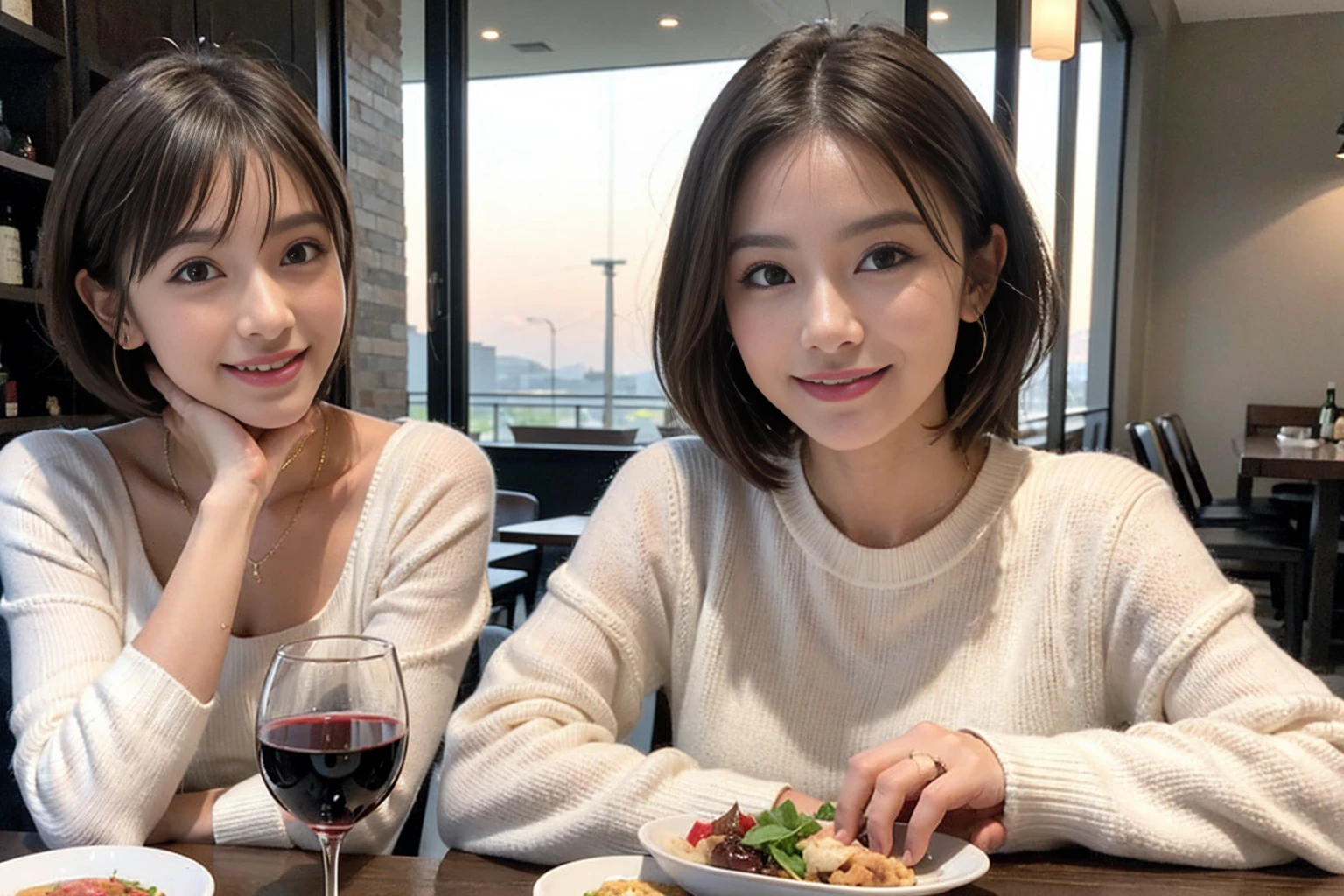 （Realistic:1.1）,(masterpiece,Highest quality)，8k,(49 years old), 53 years old, ベリーslimボディ、slimカップル、Tight waist,Upper Body,full-course dinner、wine 、Amazing view of the sunset sky and clouds、Perfect Anatomy, Brown Hair, short hair,Random Hairstyles,((Highly detailed face and eyes:1.2))，Perfect golden ratio face，Long sleeve shirt、dress,(smile:1.2)、Shortcuts、cute、(Realistic, Intricate details:1.2), A bright smile、short hair,Bright Face、赤wine 、Appetizers、Italian food、wine bottle、Champagne、スパークリングwine、(slimな顔), (The body is slim), (Brown Hair), (Shortcuts),  Upper Body, 白wine, slim, wineグラス, 