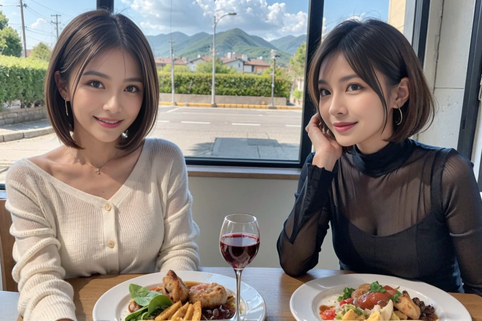 (Realistic:1.1),(masterpiece,Highest quality),8k,(49 years old), 53 years old, ベリーslimボディ、slimカップル、Tight waist,Upper Body,full-course dinner、wine 、Amazing view of the sunset sky and clouds、Perfect Anatomy, Brown Hair, short hair,Random Hairstyles,((Highly detailed face and eyes:1.2)),Perfect golden ratio face,Long sleeve shirt、dress,(smile:1.2)、Shortcuts、cute、(Realistic, Intricate details:1.2), A bright smile、short hair,Bright Face、赤wine 、Appetizers、Italian food、wine bottle、Champagne、スパークリングwine、(slimな顔), (The body is slim), (Brown Hair), (Shortcuts), Upper Body, 白wine, slim, wineグラス,