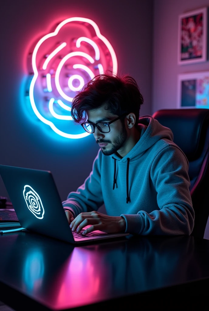 A very cute and handsome hacker wearing a hoodie sat on a black and shinning chair. He had a laptop on a black table Infront of him with "EMMY GEE" LOGO design with ice and vibrant colors. At his background are "EMMY GEE" design on the wall with vibrant and beautiful colors