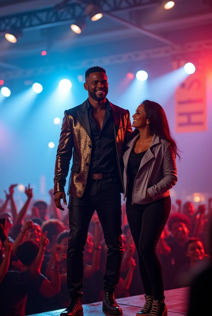 A handsome black cool superstar wearing cool outfits on stage with a woman who is a fan in front there's crowd of people
