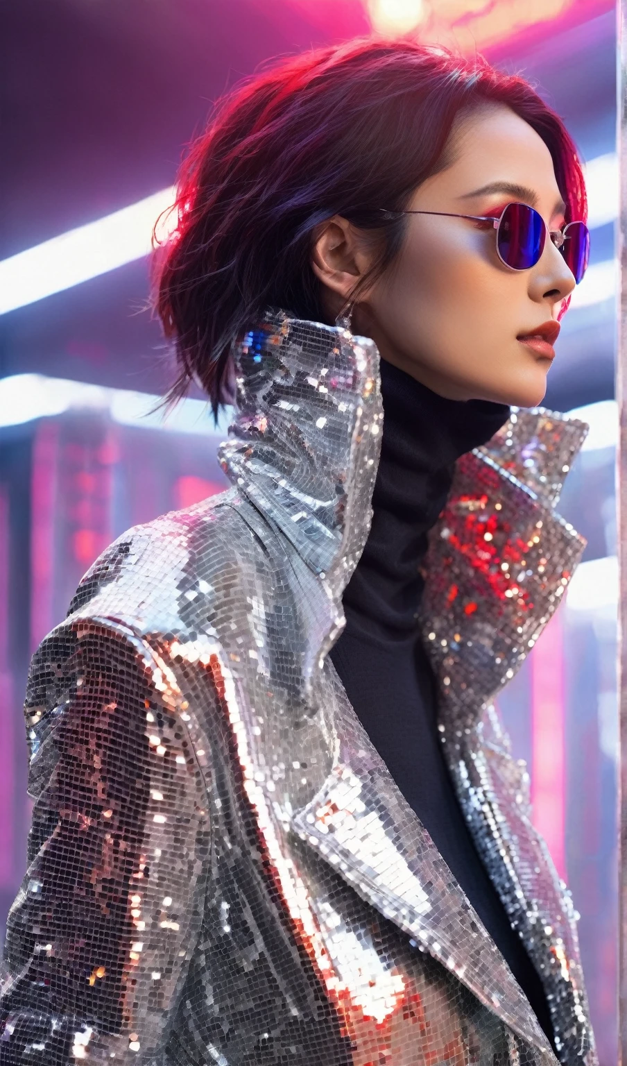 masterpiece, top, Very realistic, Very detailed, original photo, Very realistic , A shimmering silver sequin jacket,Paired with a black turtleneck. The woman is wearing futuristic sunglasses., Half of her body is facing the audience,look up,the background is a reflective surface decorated with red lights, Give her a cyberpunk aesthetic. Close-up photos,Fashion,Supermodel