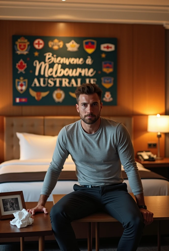 Homme caucasien grand de taille, charmant, un peu costaud, habillé en pantalon et tee-shirt manche longue, assis ou adossé sur une table dans une grande chambre d'hôtel, sur la table qu'il y ait également un papier mouchoir déjà utilisé sur la table et sur le lit de l'hôtel qu'il soit déposer un cadre photo grand ou moyen qu'il est possible de faire arrêter sur le lit et faire face à la caméra et sur le mur du chevet du lit un tableau sur lequel il est écrit en français : Bienvenue à Melbourne AUSTRALIE et autour de la phrase qu'il y ait les emblèmes du CANADA QUÉBEC ou le drapeau du CANADA QUÉBEC