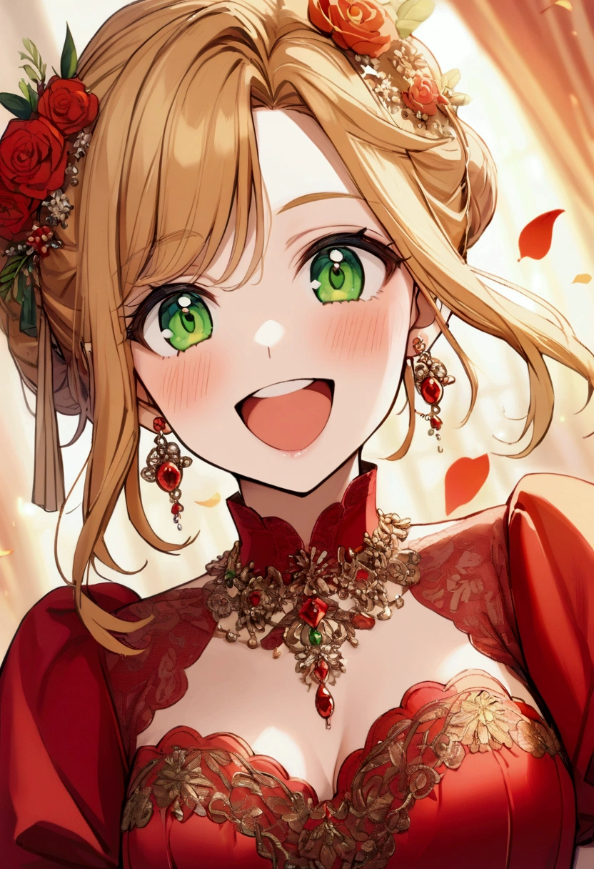 20 years old girl, long orange-blond hair, green eyes, small red earrings, yellow eyebrows, red wedding dress, enthusiastic smile