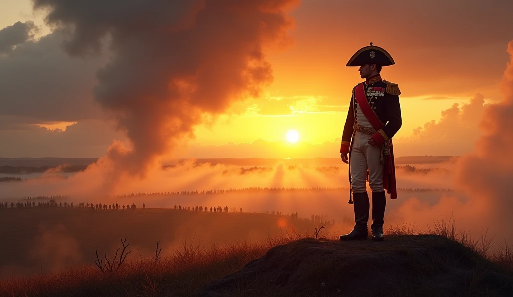 "Napoleon standing atop a hill, overlooking the battlefield during the Battle of Austerlitz, with the sun rising behind him."