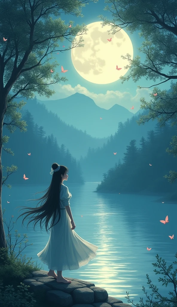 original, (masterpiece), (illustration), (extremely fine and beautiful), (perfect details), (unity CG 8K wallpaper:1.05), (beautiful and clear background:1.25), (depth of field:0.7),1girl,huanxiaoyi , (stands aside the river:1.15).(hair blowing with the wind:1.1),butterflys flying around, (moon light:0.6), tree, (summer), (night:1.2), (close-up:0.35), (gloves:0.8), solo ,