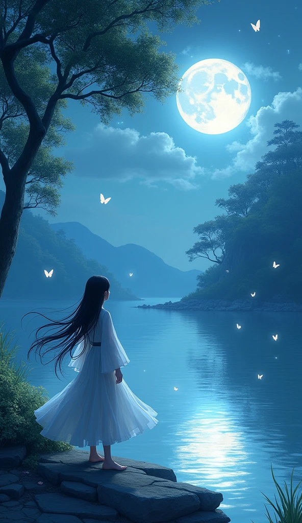 original, (masterpiece), (illustration), (extremely fine and beautiful), (perfect details), (unity CG 8K wallpaper:1.05), (beautiful and clear background:1.25), (depth of field:0.7),1girl,huanxiaoyi , (stands aside the river:1.15).(hair blowing with the wind:1.1),butterflys flying around, (moon light:0.6), tree, (summer), (night:1.2), (close-up:0.35), (gloves:0.8), solo ,