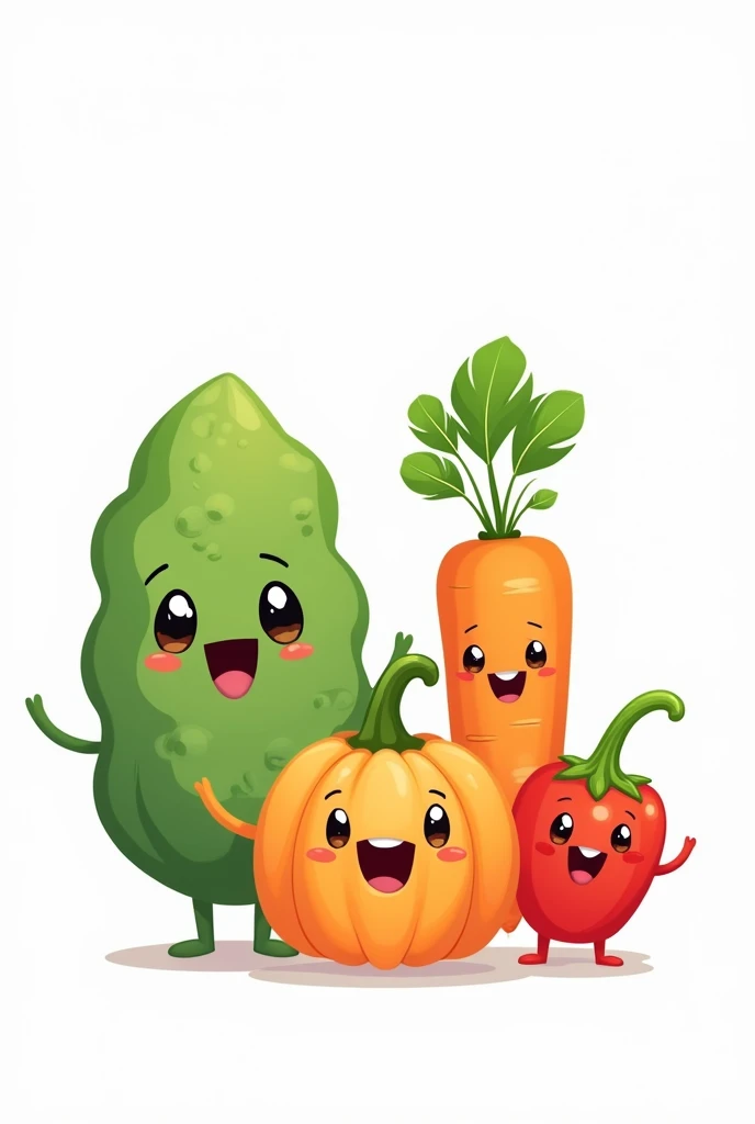 cute　　simple　character　green vegetables　An illustration　spinach　pumpkin　carrot　paprika　 No background　

