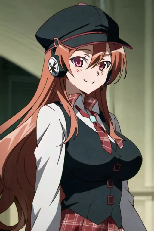 (extremely detailed), (masterpiece), (best quality), (ultra-detailed), (best illustration), (best shadow), (absurdres), (blurry background), Chelsea, 1girl, solo, long hair, headphones, red hair, plaid, smile, red eyes, vest, plaid skirt, (black peaked cap), black hat, looking at viewer, pink eyes, anime coloring, big breasts, (simple background)