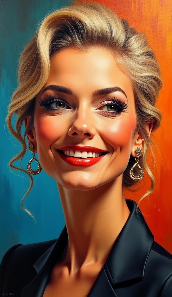 High-quality realistic acrylic art, vivid colors, Smug mature female smile.