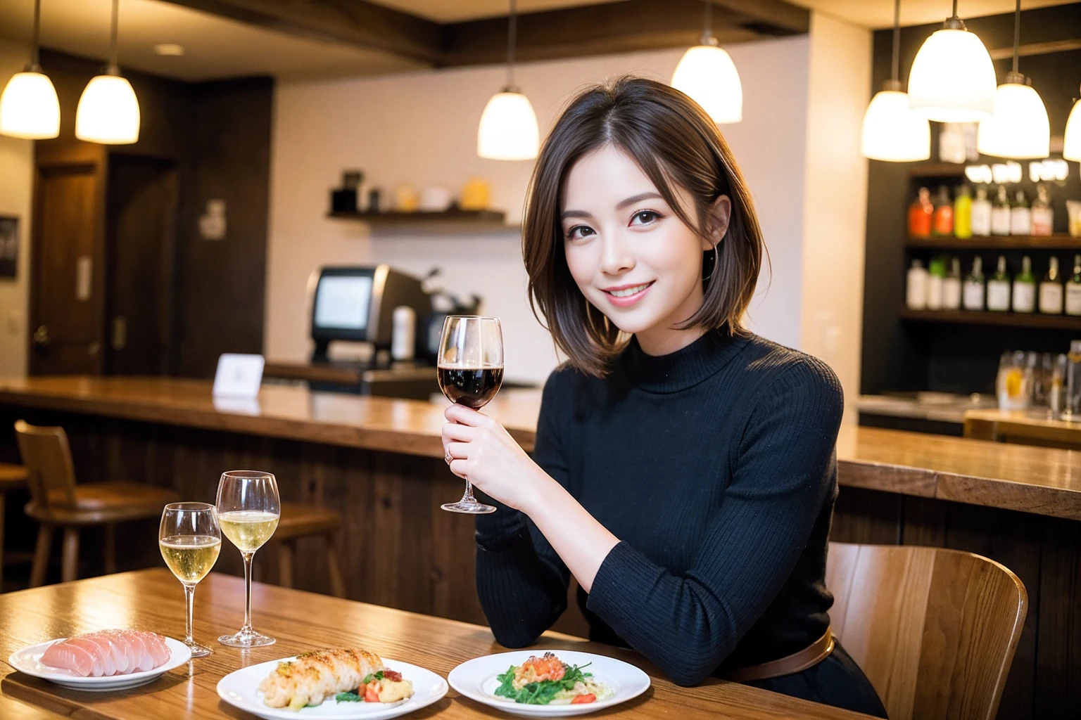 ((Highest quality、8k、masterpiece:1.3))、slimカップル、modelカップル、(Realistic, Intricate details:1.2), sashimi、Tempura、Japanese sake、Shochu 、Amazing view of the sunset sky and clouds、A bright smile、The wonderfulness of smile、Bright image、The beauty of wine, Beautiful Face, blue eyes, The light shines on your face, blush, short hair,Bright Face、 (Age 37), 39 years old, sparkling wine、Two beauties、Brown Hair、Shortcuts、Long sleeve shirt、dress、Beautiful woman 1, (slimな顔), (The body is slim), (Brown Hair), (Shortcuts), cheeks turn a little red,Attractive beauty、restaurant, In a prominent place (From the waist up) Nova Frog Style, actress, model, Upper Body, White wine, slim, smile, (smile: 1.15), Beautiful fine grain, Depth f/2,saturation, High Contrast, Strong light and shadow,Moist Body:1.5、3D texture、Delicate eyes、Brown Hair、The hair is very shiny、