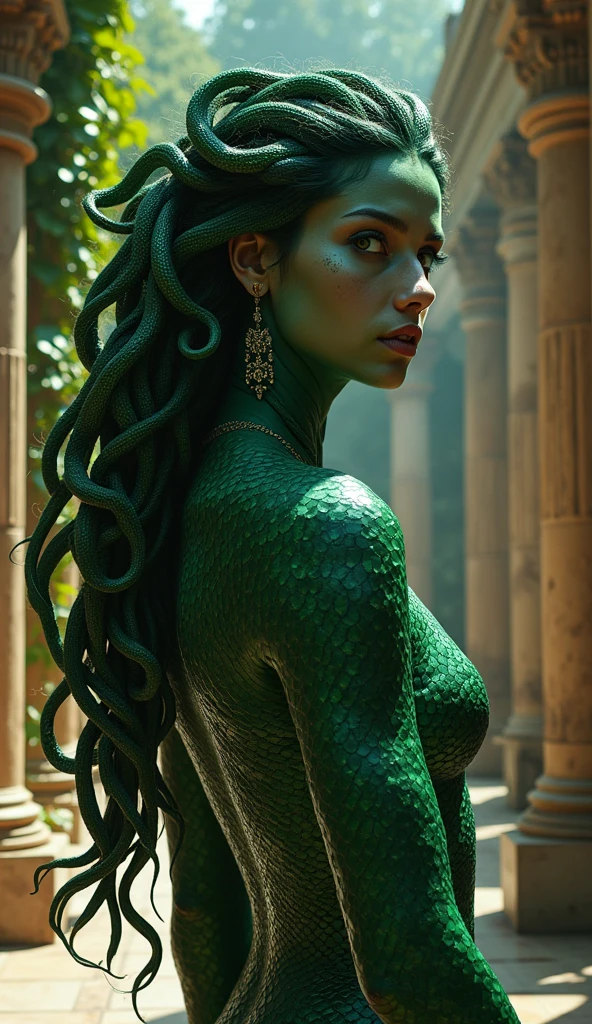 Medusa, beautiful gorgon, snake hair, scaly skin, ancient Greek style, full-body portrait, (best quality, 4k, 8k, high resolution, masterpiece:1.2), ultra-detailed, (realistic, photorealistic, photo-realistic:1.37), intricate details, captivating expression, piercing gaze, ornate temple background, dramatic lighting, vibrant colors, classical art aesthetic, serene yet powerful, (cinematic, epic, dramatic:1.1)