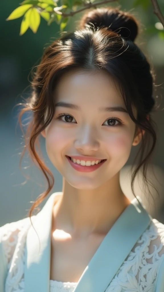 A portrait of a beautiful young woman with soft and delicate features, inspired by natural lighting and an elegant aesthetic. She has a warm and gentle smile with bright, expressive eyes. Her hair is styled in a neat updo with some loose strands framing her face, giving her a soft, natural look. She is dressed in a light blue, traditional yet casual outfit, with subtle textures that highlight her graceful appearance. The background is softly blurred with hints of greenery and sunlight filtering through, creating a peaceful and serene atmosphere. The overall mood is warm, calm, and inviting, with a focus on her natural beauty and the harmony between her and the environment.