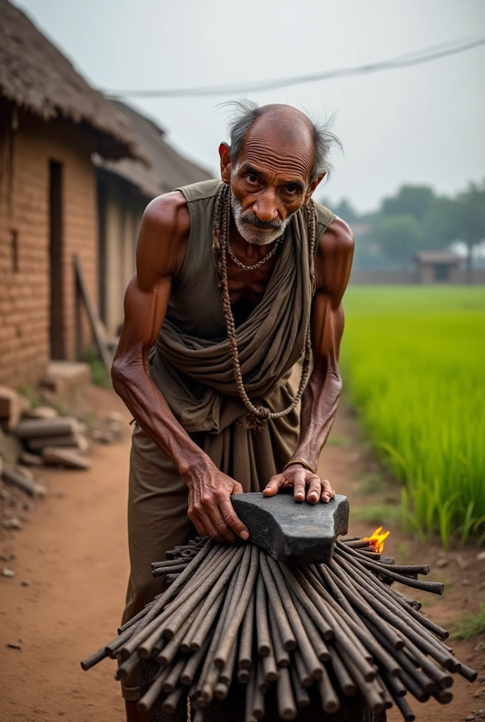 Indian Village poor old thin man working in rods 