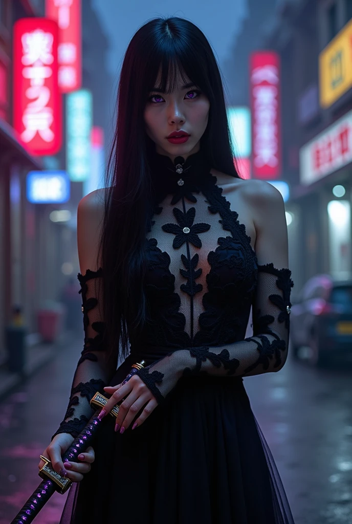 model　K's Murasaki Oshaku
Image Color　Purple
Icon　Apple

Mibu Murasaki　Mibu Yukari　

Purple tinged black hair　Long hair straight。
Purple Eyes。Cut long。


A seductive beauty。
首から胸Yuanにかけてレースで覆われたハイネックタイプのシックでゴージャスな黒のドレス。A high-collared design
Purple stones gleam on high-heeled shoes。
Wearing silver ornaments。

A member of the Black Organization。code name「Cider」。
Wears apple perfume。
Iai no Tatsujin。She deflects and cuts bullets with her sword。
Reflexes and dynamic vision are monsters。Does she have wings or something？？Her physical abilities are broken to the point of being absurd。
Work is bland々The type who does it without emotion。


Stands out from the crowd wherever she goes。A high-and-mighty type, you know, the kind you keep at a distance。
Winter、She was killed by someone who killed her sword master, who was like a parent to her、She was robbed of the cursed sword Zai-ka, which she was supposed to inherit from her master。
Vow revenge、To find the person who killed her master and the sword that was her memento, she delved into the underworld。
Yuan々、Her master was a freelance professional assassin who was a favorite of Rum。She was doing the kind of work that is typical of an assassin。On the day her master was killed, she was supposed to be working, so she wasn't there、Because she didn't appear at the scene, Gin was sent to check and was ready to dispose of her if necessary、She saw the bloody and mangled  of her master sinking into a sea of blood and found a crazed purple eye filled with hatred and anger、Gin, who liked her eyes, took her to the organization、Joined the organization right away。She joined the organization with a lot of fanfare, because Gin and Rum were interested in her、瞬く間にcode name持ちになった。
Yuan々She was a neglected child and her parents were killed by her master, who was sent to deal with them because they had become an inconvenience to the organization、Swallowed。
To be honest, if she had stayed with her parents, she would have died sooner or later、Swallowedのは正解。For Murasaki, he was a benefactor who saved her from hell、Her master, who gave her the love that even her parents couldn't, was like a god to her, so she wants to do everything she can to fulfill his expectations、Wants to be praised。Slightly dependent even。She was the one who should have been devoted to with respect, love, and loyalty。


She was picked up by her master, who was an assassin, and was rigorously trained in the art of killing as his successor、She felt the same level of love and affection for him as she did for her parents、Relatively sane, or rather, normal。
but、Her master didn't like needless killing, so Murasaki doesn't like it either、On the other hand, if necessary, she is mercilessly cold and bland々Purple with a tan々She kills without hesitation, treating it as a job, so she's crazy, after all。


A worldly-minded tongue and atmosphere。Has an air of a hermit and lacks humanity。A unique sense of beauty、She won't do things that don't fit her pride, like being held at gunpoint。
Always has the cursed sword Zai-ka。
A beautifully and hauntingly red-tinged Japanese sword。
She's poised with her sword, staring down her enemy she must strike down。
