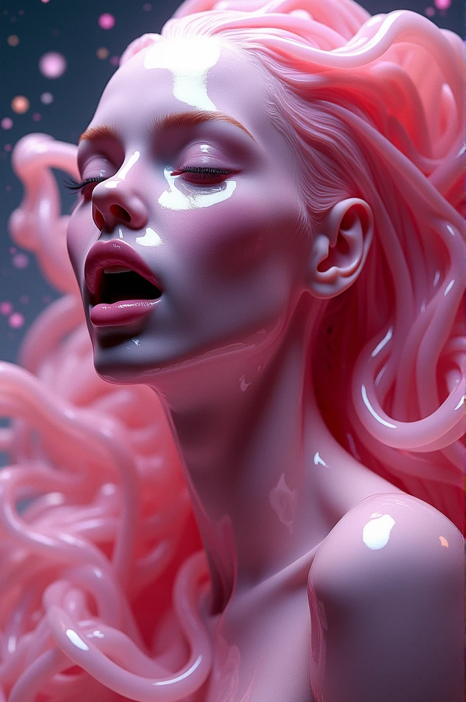 ((best quality)), ((masterpiece)), (detailed), perfect face hyper realistic pink slime alien girl surrounded by beautiful female figures morphing shapes liquid forms organic skin full body artful bioluminescence vivid galaxy highly detailed gorgeous seductive vibrant wet full mouth open long curved tongues dripping hands touching massage oiled flesh girls