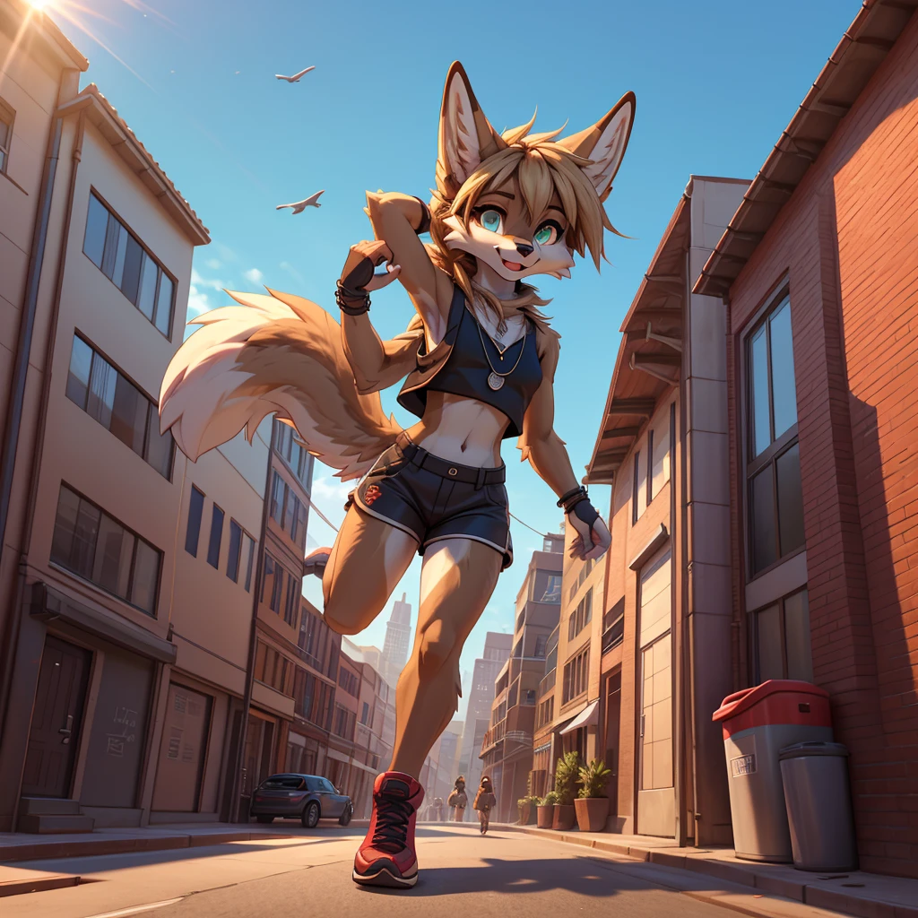Beautiful, anthro coyote girl, perfect lighting, highly detailed CG Unity 8k wallpaper, high resolution, perfect lighting, youthful, tall, slim, skinny, frail slender figure, slim legs, distinctly feminine figure, narrow hips, long legs, close-up shot.
Species: A nimble and athletic coyote.
Hair Color: Sandy blonde with sun-kissed highlights.
Hair Style: Short and tousled, with a few strands falling into her eyes, giving her a windswept, adventurous look.
Eye Color: Golden brown, sharp and alert, with a gleam of excitement.
Fur Color and Pattern: Light tan with darker, earthy brown accents along her back, tail, and the tips of her ears. Her fur is short and sleek, perfect for quick and agile movement.
Clothing: She’s dressed in a fitted, sleeveless crop top made of breathable, flexible fabric in a deep forest green. She pairs it with cargo-style shorts in a rugged, dark brown, cinched at her narrow waist with a black utility belt. The shorts are adorned with multiple pockets, perfect for carrying small gear. She wears fingerless gloves for grip and lightweight, durable running shoes designed for parkour.
Accessories: A pair of sleek, wraparound sunglasses pushed up onto her head, a small pouch strapped to her thigh, and a simple necklace with a silver feather pendant. A bandana is tied around her neck, fluttering slightly as she moves.
Pose: Mid-leap between two buildings, her body stretched out in a dynamic, powerful arc. Her arms are extended forward, fingertips just about to grip the edge of the next rooftop, while her legs are tucked slightly behind her, showcasing her agility.
Expression: Focused and determined, with a hint of exhilaration in her eyes as she pushes herself to the limit.
Activity: Performing an acrobatic leap between rooftops in a bustling cityscape, completely immersed in the thrill of the moment.
Background: A sunlit urban environment with tall buildings, some covered in graffiti. The sky is a clear blue, and the city buzzes with li