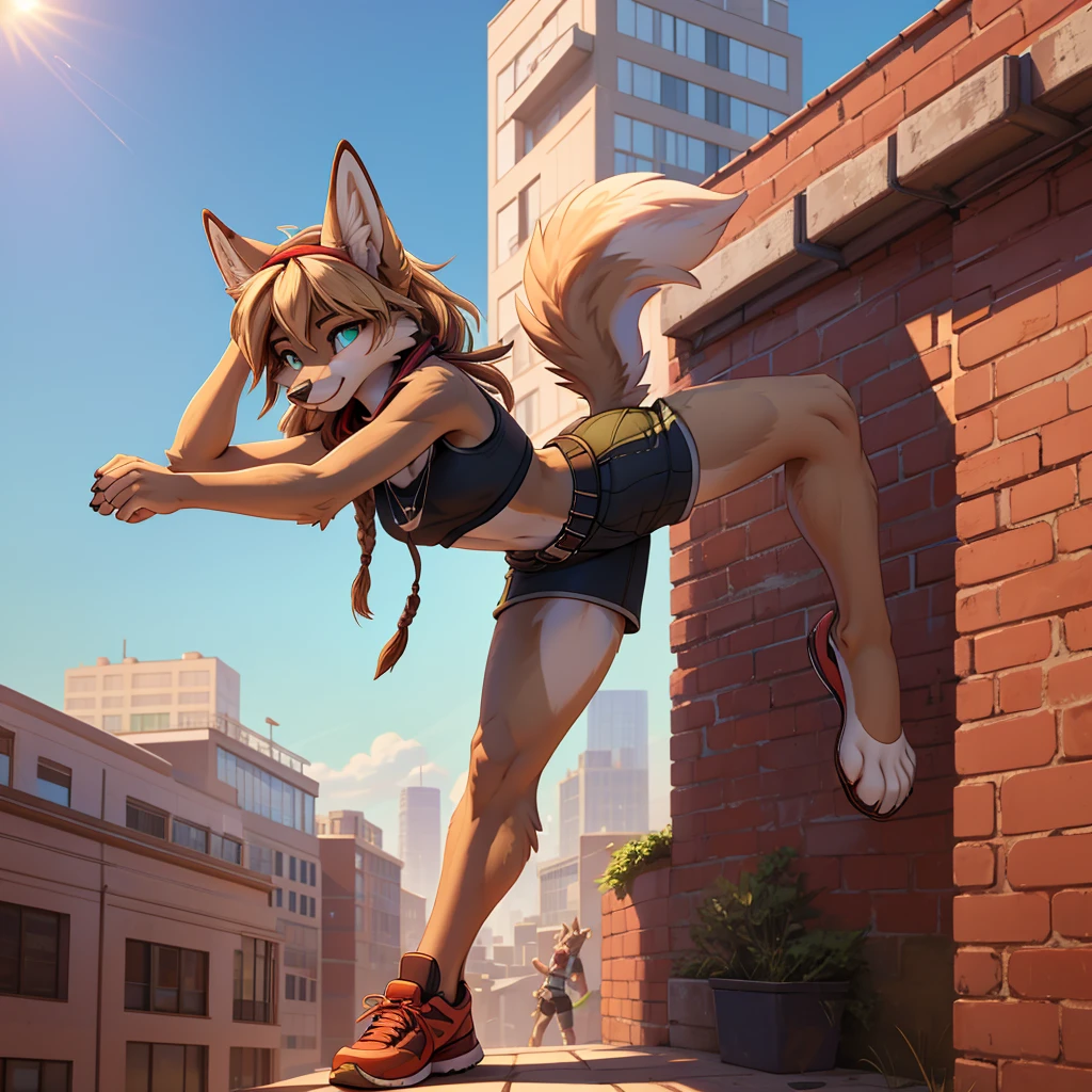 Beautiful, anthro coyote girl, perfect lighting, highly detailed CG Unity 8k wallpaper, high resolution, perfect lighting, youthful, tall, slim, skinny, frail slender figure, slim legs, distinctly feminine figure, narrow hips, long legs, close-up shot.

Species: A nimble and athletic coyote.

Hair Color: Sandy blonde with sun-kissed highlights.

Hair Style: Short and tousled, with a few strands falling into her eyes, giving her a windswept, adventurous look.

Eye Color: Golden brown, sharp and alert, with a gleam of excitement.

Fur Color and Pattern: Light tan with darker, earthy brown accents along her back, tail, and the tips of her ears. Her fur is short and sleek, perfect for quick and agile movement.

Clothing: She’s dressed in a fitted, sleeveless crop top made of breathable, flexible fabric in a deep forest green. She pairs it with cargo-style shorts in a rugged, dark brown, cinched at her narrow waist with a black utility belt. The shorts are adorned with multiple pockets, perfect for carrying small gear. She wears fingerless gloves for grip and lightweight, durable running shoes designed for parkour.

Accessories: A pair of sleek, wraparound sunglasses pushed up onto her head, a small pouch strapped to her thigh, and a simple necklace with a silver feather pendant. A bandana is tied around her neck, fluttering slightly as she moves.

Pose: Mid-leap between two buildings, her body stretched out in a dynamic, powerful arc. Her arms are extended forward, fingertips just about to grip the edge of the next rooftop, while her legs are tucked slightly behind her, showcasing her agility.

Expression: Focused and determined, with a hint of exhilaration in her eyes as she pushes herself to the limit.

Activity: Performing an acrobatic leap between rooftops in a bustling cityscape, completely immersed in the thrill of the moment.

Background: A sunlit urban environment with tall buildings, some covered in graffiti. The sky is a clear blue, and the city buzzes with li