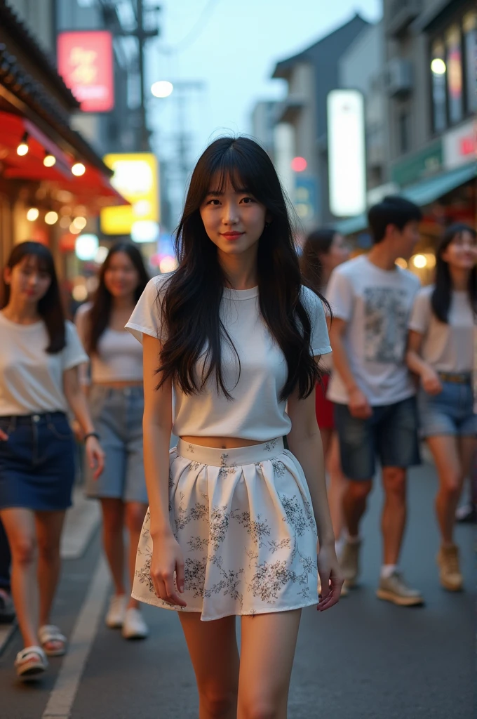 A beautiful Japanese woman in a short skirt2group of people