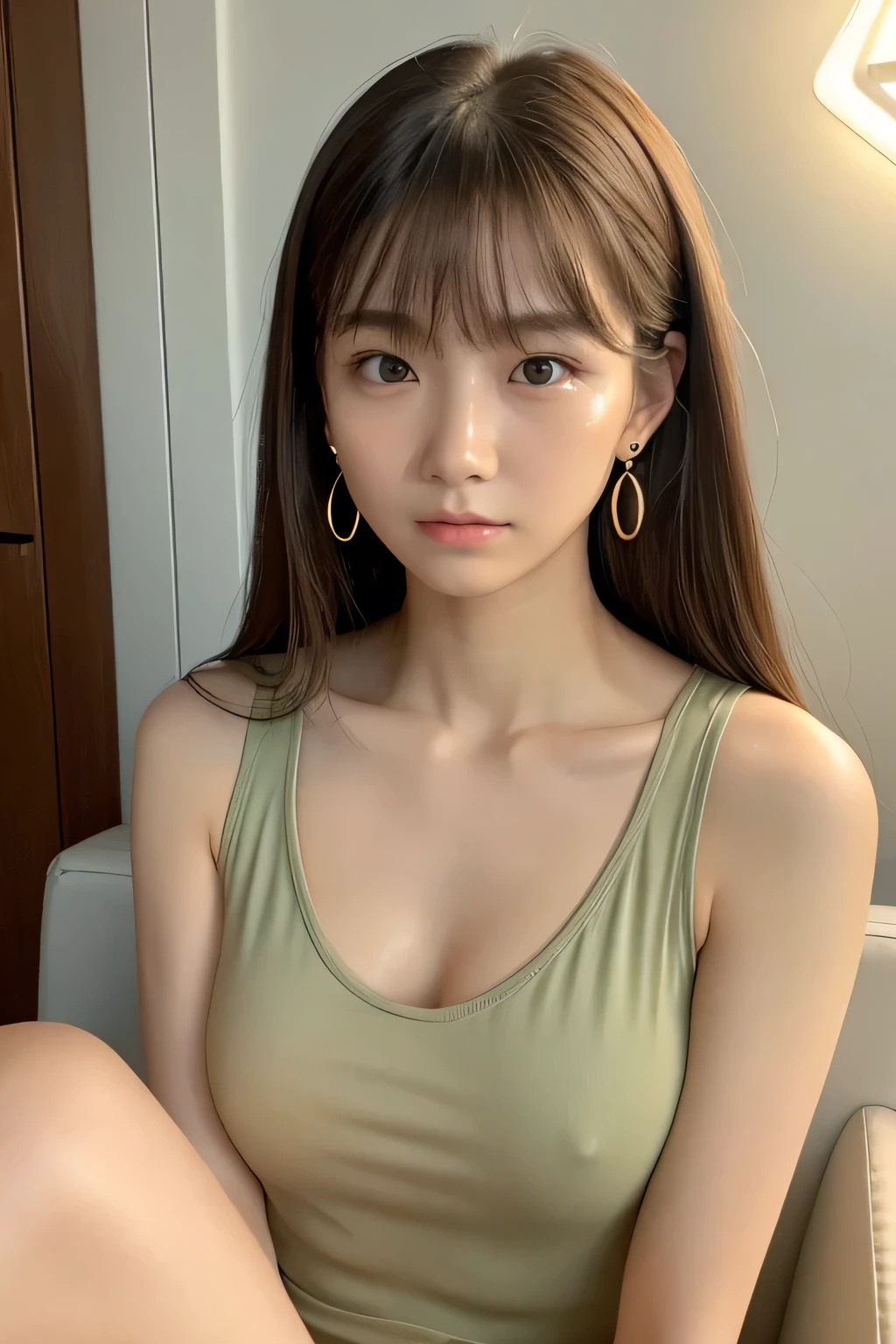 Look into the eyes,　Eye contact,　Front of face,　face,　Cross-legged,　indoor,　Brown Hair,　bangs,　clavicle,　shoulder,　Cross-legged,　chest,　Earrings,　Skin Moisture,　The gaze looking down on me,　Look at me,　Look at me,　Look at me,　Look at me,　Look at me,　Look at me,　Private room,　Tank top,　(Oily skin:1.6)