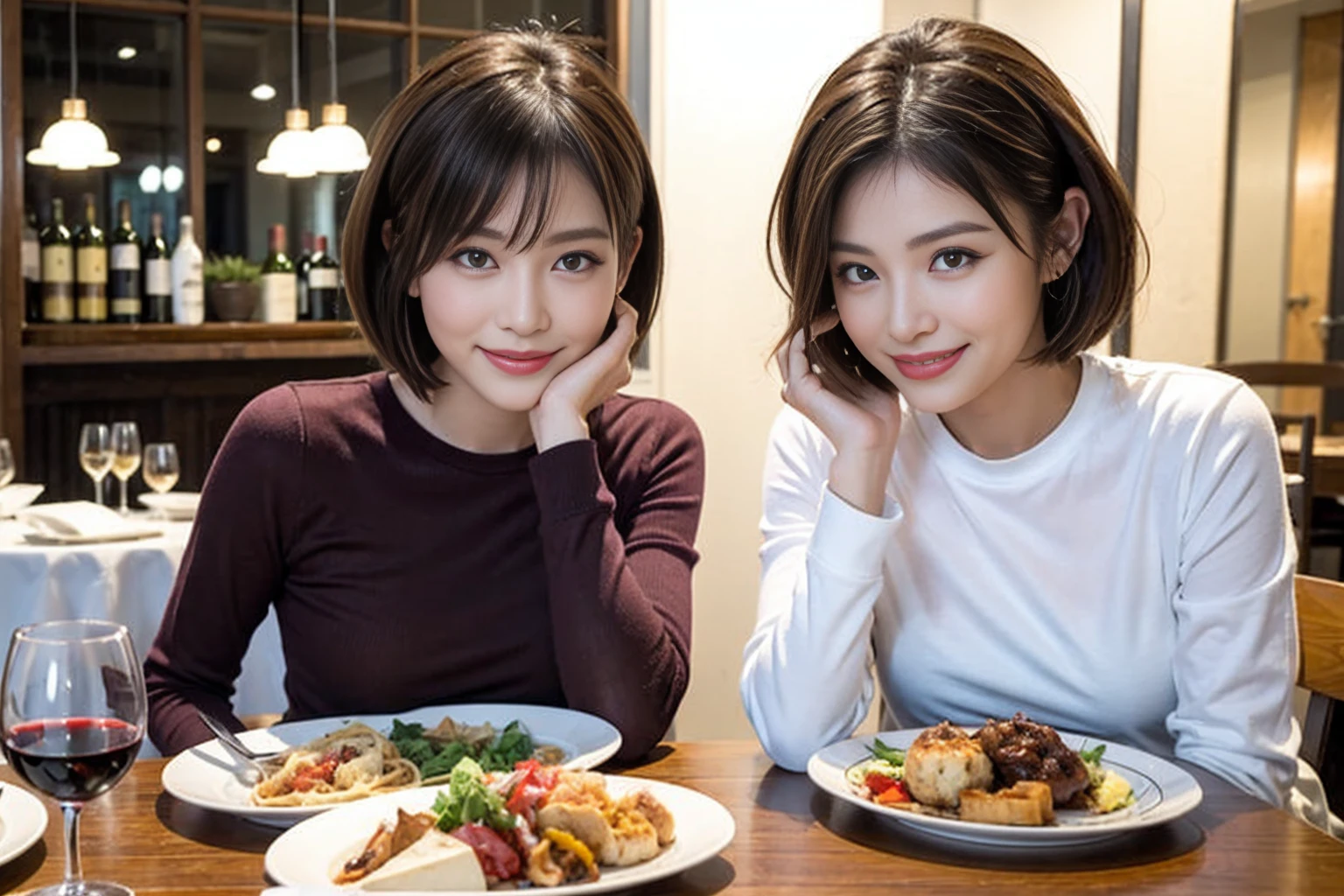 (Realistic:1.1),(masterpiece,Highest quality),8k,(49 years old), 53 years old, ベリーslimボディ、slimカップル、Tight waist,Upper Body,full-course dinner、wine 、Amazing view of the sunset sky and clouds、Perfect Anatomy, Brown Hair, short hair,Random Hairstyles,((Highly detailed face and eyes:1.2)),Perfect golden ratio face,Long sleeve shirt、dress,(smile:1.2)、Shortcuts、cute、(Realistic, Intricate details:1.2), A bright smile、short hair,Bright Face、赤wine 、Appetizers、Italian food、wine bottle、Champagne、スパークリングwine、(slimな顔), (The body is slim), (Brown Hair), (Shortcuts), Upper Body, 白wine, slim, wineグラス,