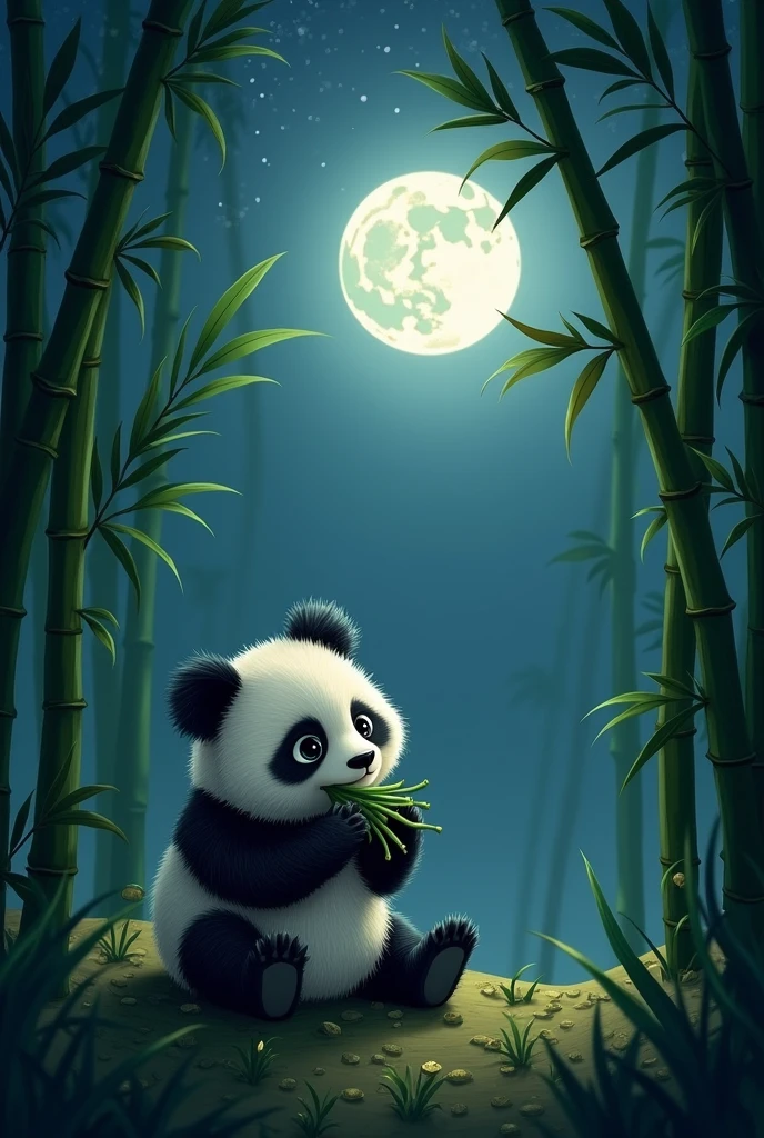 Create a tranquil nighttime scene set in a dense bamboo forest. The tall, green bamboo stalks should surround the area, illuminated softly by the light of a large, glowing full moon in the background. In the foreground, place a cute, fluffy panda sitting on the ground, munching on bamboo shoots. The panda should have large, expressive eyes and a gentle, content expression, with its fur appearing soft and detailed. The moonlight should cast a silvery glow over the scene, highlighting the panda and creating a serene atmosphere. The bamboo leaves gently sway in the night breeze, and the overall mood should be peaceful and magical, with the panda as the endearing focal point.