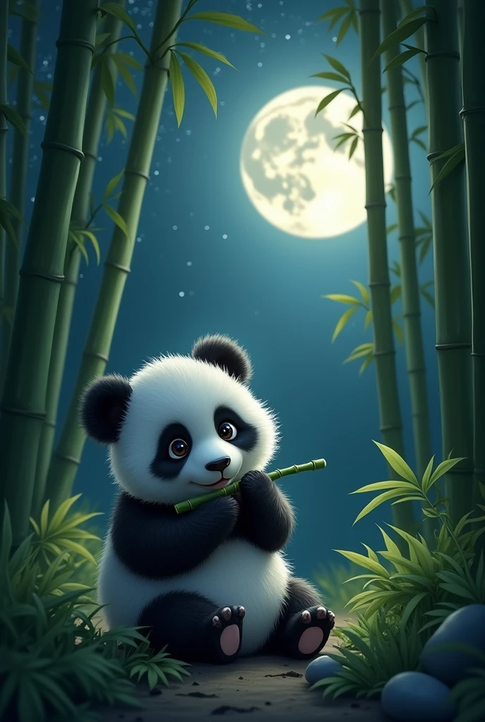 Create a tranquil nighttime scene set in a dense bamboo forest. The tall, green bamboo stalks should surround the area, illuminated softly by the light of a large, glowing full moon in the background. In the foreground, place a cute, fluffy panda sitting on the ground, munching on bamboo shoots. The panda should have large, expressive eyes and a gentle, content expression, with its fur appearing soft and detailed. The moonlight should cast a silvery glow over the scene, highlighting the panda and creating a serene atmosphere. The bamboo leaves gently sway in the night breeze, and the overall mood should be peaceful and magical, with the panda as the endearing focal point.