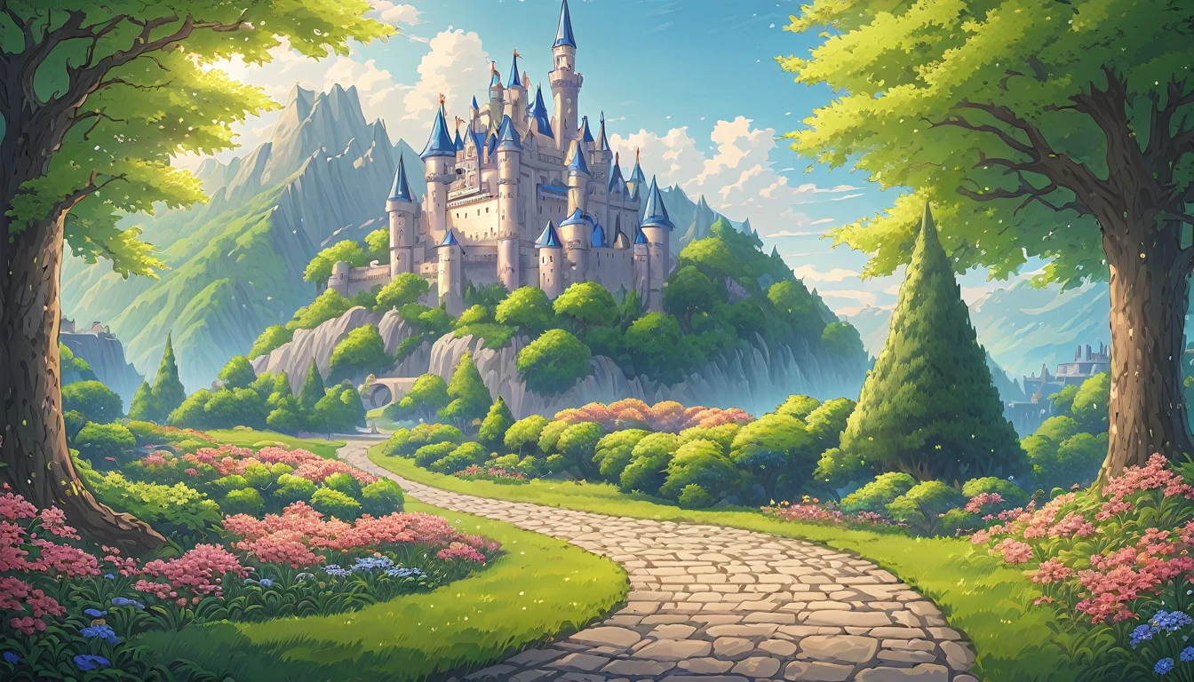 masterpiece, best quality, number, illustration, Anime style background, landscape, background, 低曝Light率, 4K resolution, Extreme details, Very detailed, Light, Trees, Comfort, castle, stone road, flowers, bush