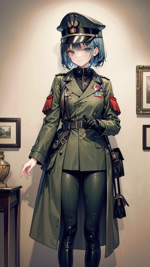 ((True best masterpiece, Ultimately perfect quality, Extremely delicate details)), ((Modern army, World War I, Great War, Old, Antique)), A soldier girl, Wearing military uniform, Wearing trench coat, Wearing military cap, With gas mask