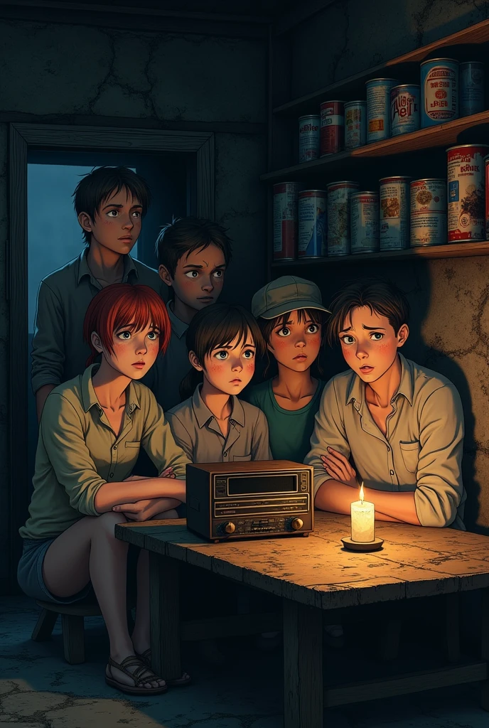 Group of survivors (men and women ) with worried faces in a bunker with some shelfs with tinned cans, radio on a table, anime render.