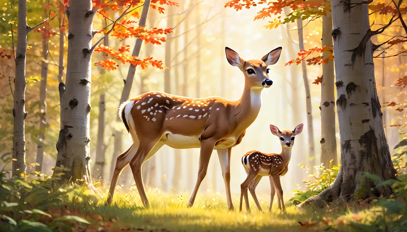 "A touching moment between a graceful doe and her delicate fawn. The mother deer gently nuzzles her baby as they stand in a tranquil forest. Sunlight streams softly through the tall trees, casting warm beams across the vibrant autumn leaves scattered on the ground. The scene captures the fawn’s innocent, wide-eyed expression, full of trust and curiosity, while the mother’s eyes reflect love and protection. The soft, detailed textures and warm color palette bring out the serene yet intimate bond in this peaceful setting, rendered in a gentle, painterly anime style."