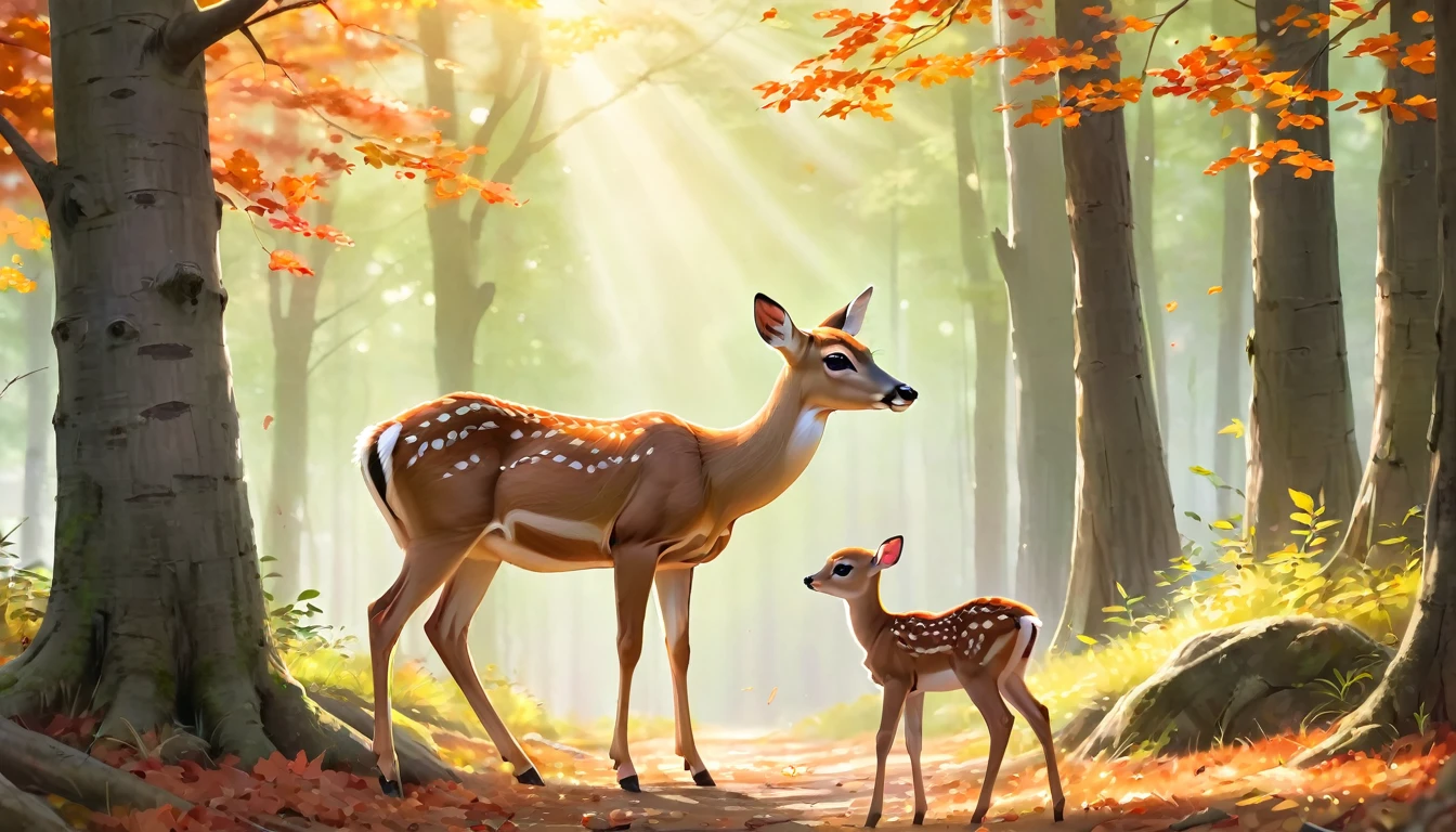 "A touching moment between a graceful doe and her delicate fawn. The mother deer gently nuzzles her baby as they stand in a tranquil forest. Sunlight streams softly through the tall trees, casting warm beams across the vibrant autumn leaves scattered on the ground. The scene captures the fawn’s innocent, wide-eyed expression, full of trust and curiosity, while the mother’s eyes reflect love and protection. The soft, detailed textures and warm color palette bring out the serene yet intimate bond in this peaceful setting, rendered in a gentle, painterly anime style."