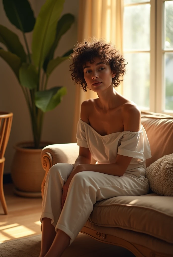 (photorealism:1.2),cute woman, sitting on sofa, wearing loose off-shoulder top, short pants, short curly hair, indoors, ballroom dance floor, soft lighting, plants and chairs in background, window with sunlight, cozy room, relaxed pose, realistic, intricate details, warm colors,