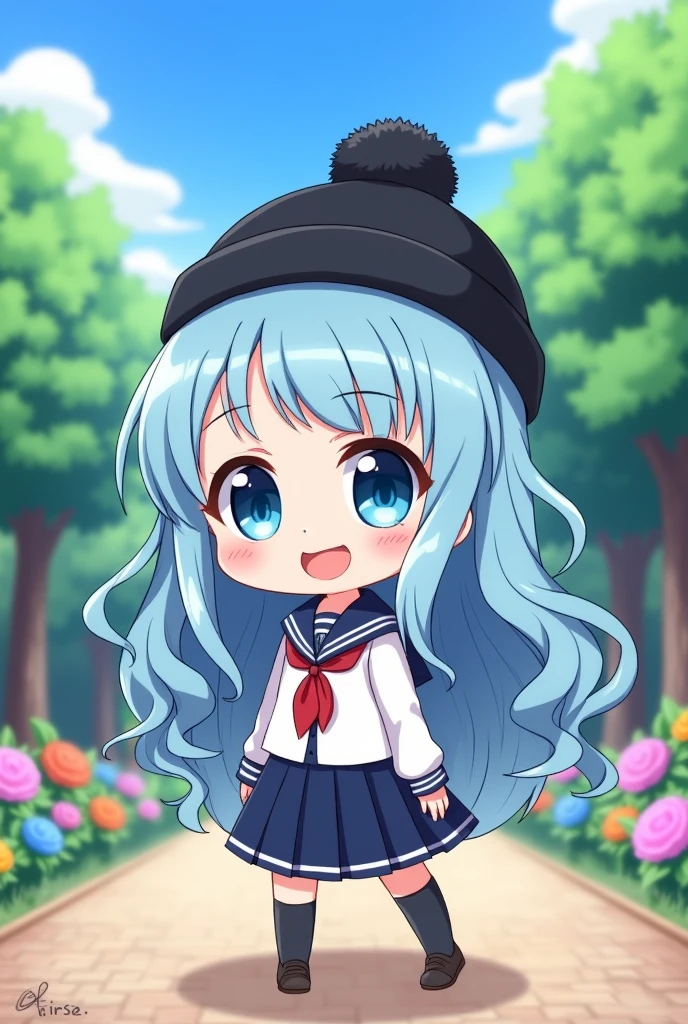 A chibi drawing of a girl with long, wavy blue hair, wearing a black beanie and a school uniform. She has big blue eyes and the drawing is full body.