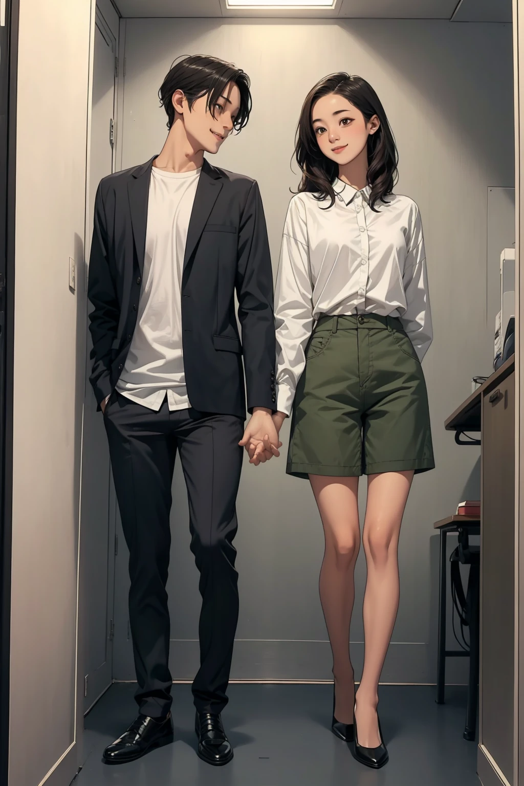 1 girl and 1 man, standing inside office, holding hands together, talking to each other, smile, eyes to eyes, fullbody shot, 
