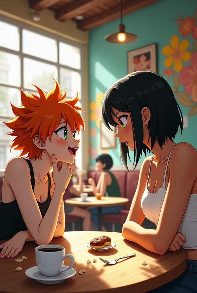 A white-skinned woman with messy orange hair arguing with a tanned woman with short, straight black anime-style hair. 