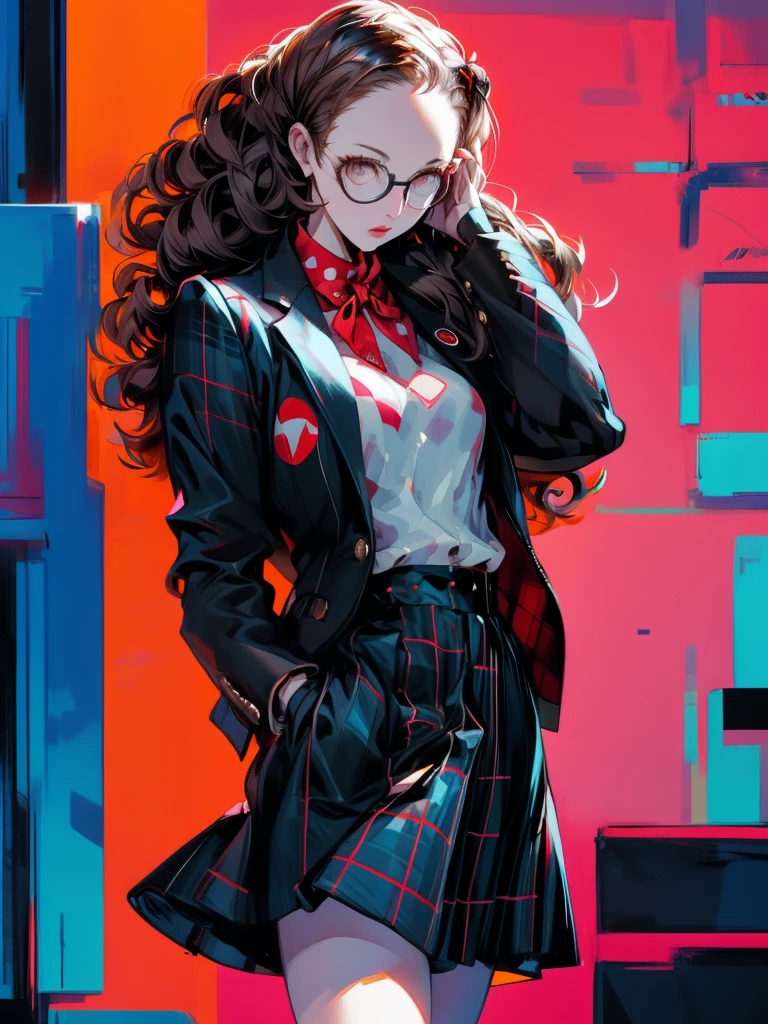 in the art style of persona5, (masterpiece:1.2, highest quality), (Realistic, photoRealistic:1.4), Beautiful illustrations, (Natural Side Lighting, Cinema Lighting), Written boundary depth, Beautiful thighs staring at the viewer, 1 female, 30-year-old, alone, thin, slender, (small breasts), long Hair, curly Hair, Forehead, Forehead, Forehead, Forehead, thin, slender, glasses, White blouse with formal collar, Blue Blazer, Red Check Skirt, Red checkered ribbon on blouse, Are standing, (((glasses)))