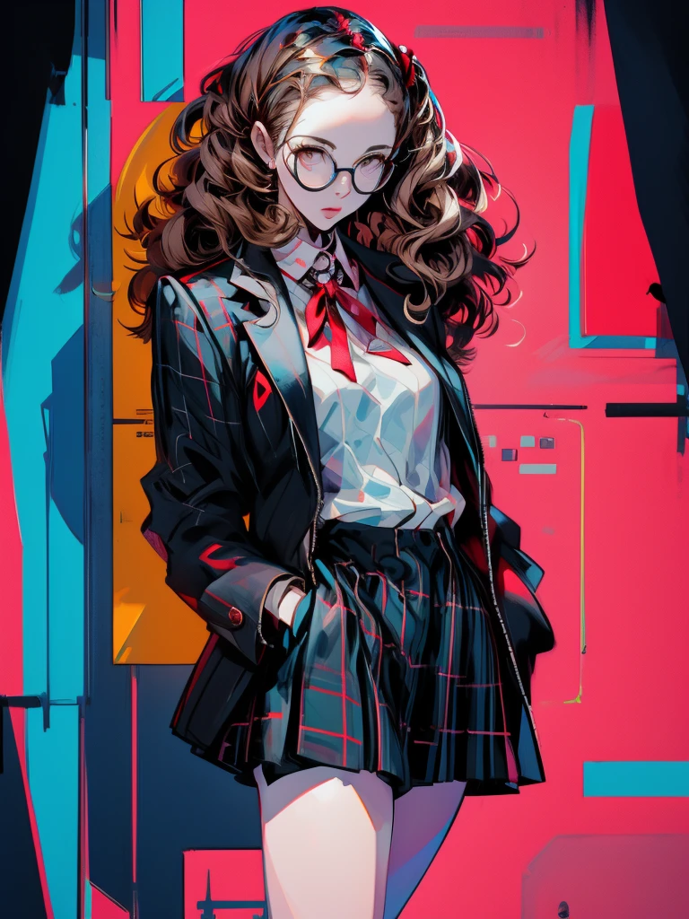 in the art style of persona5, (masterpiece:1.2, highest quality), (Realistic, photoRealistic:1.4), Beautiful illustrations, (Natural Side Lighting, Cinema Lighting), Written boundary depth, Beautiful thighs staring at the viewer, 1 female, 30-year-old, alone, thin, slender, (small breasts), long Hair, curly Hair, Forehead, Forehead, Forehead, Forehead, thin, slender, glasses, White blouse with formal collar, Blue Blazer, Red Check Skirt, Red checkered ribbon on blouse, Are standing, (((glasses)))