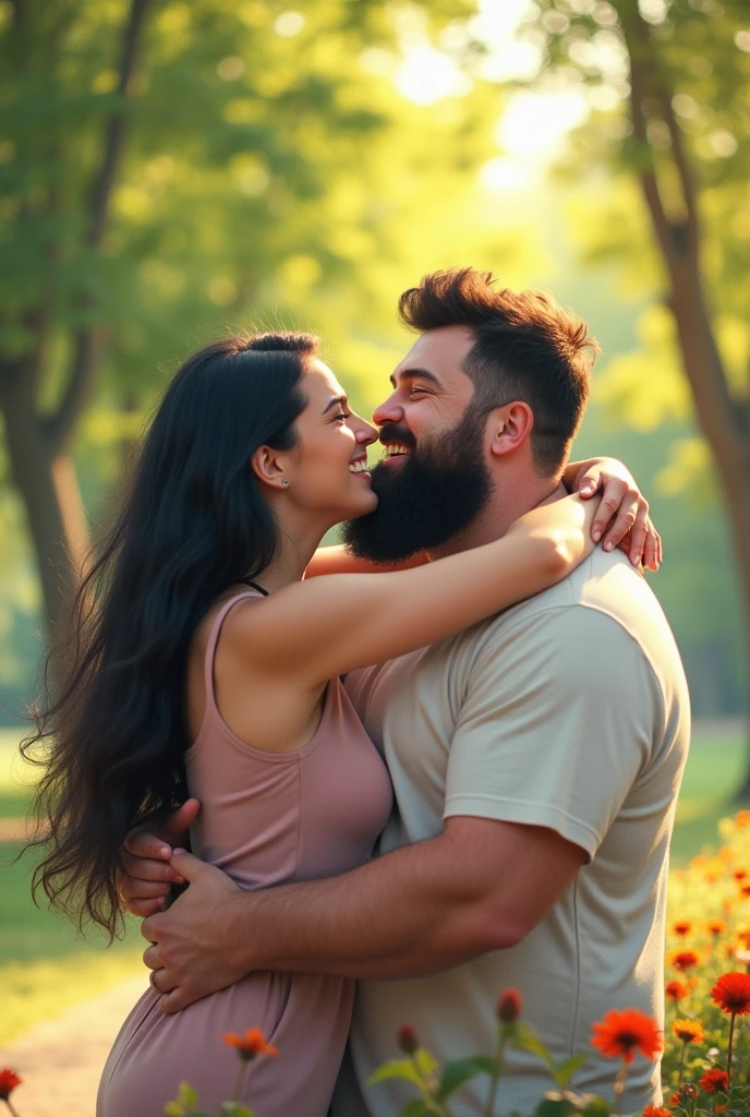 White woman with black hair hugging a fat white man with a beard 
