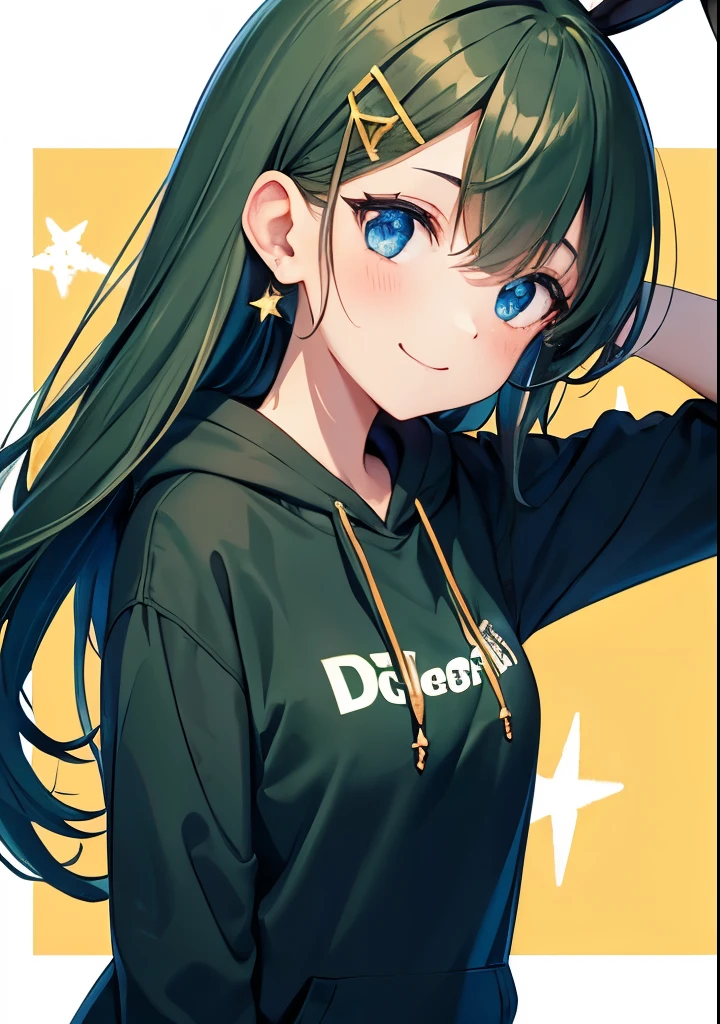 (hands on top of head) (rabbit pose) voluminous dark green hair, dark dark green hair color emphasis, front view, upper body visible, dark dark dark green hair color emphasis, long straight hair, big droopy eyes, blue eyes, kind young pretty face, kind droopy eyes, vermilion hoodie, star pattern on hoodie, sign in background, go and 5 sign, shy, smiling without opening mouth, big golden star earring, golden hair clip, sparkling eyes, walking on beach, face focused, fresh smile, green floral pattern hoodie, in dark room, high quality, golden figure 5 earring, Droopy eyes, blue eyes, face close-up small breasts, hands, shadowless background, high quality, Focus on face.