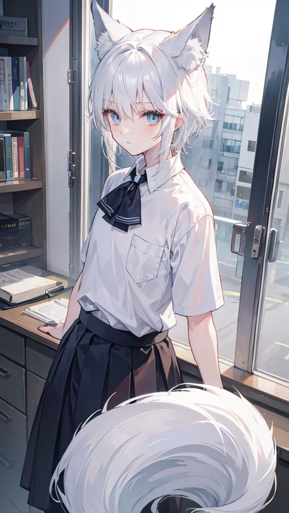 1boy, white hair, fox ear, wolf cut, medium hair, school uniform, looking at viewer