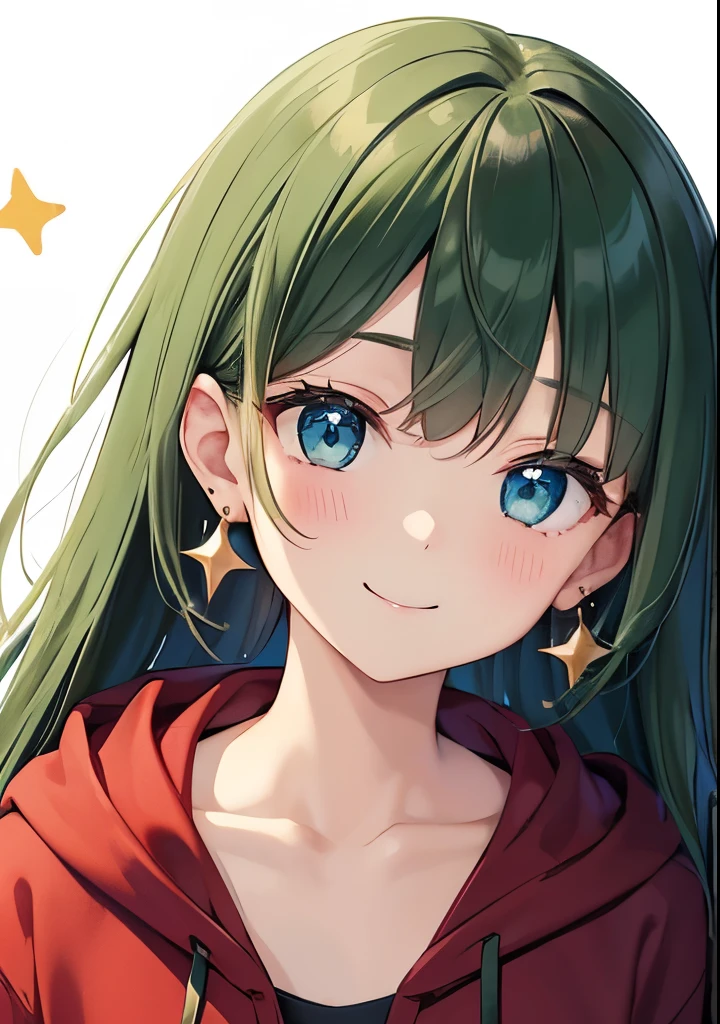 (頭の上にhandを置く)Voluminous dark green hair、Dark dark green hair color emphasis、Front view、The upper body is visible、Dark dark green hair color emphasis、Straight long hair、大きなDroopy eyes、blue eyes、Gentle, young, and cute face、優しそうなDroopy eyes、Wearing a crimson hoodie、Star pattern on the hoodie、Sign in the background、GO sign and 5、 shy, Smiling without opening the mouth, Large golden star earrings, Golden hair fastening, Sparkling eyes, Walking along the beach, Focus on the face, A refreshing smile, Green floral hoodie, In a dark room, high quality, Golden number 5 earrings, Droopy eyes, blue eyes, Close-up of the face, small chest, hand, Background without shadow, high quality, Focus on the face.