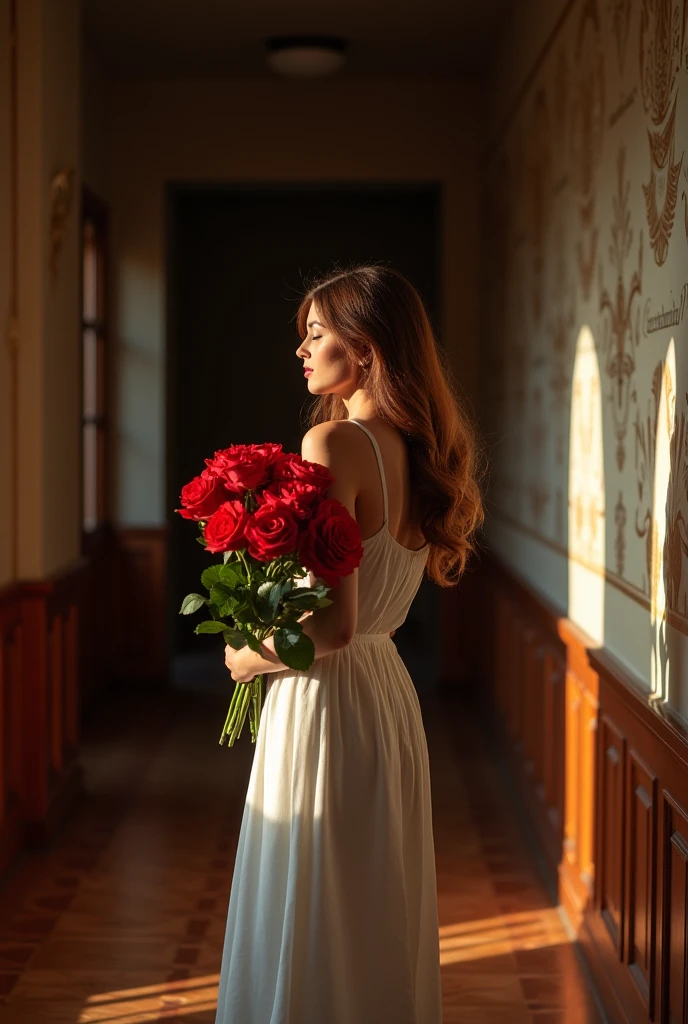 A women holding a red roses in the hallway