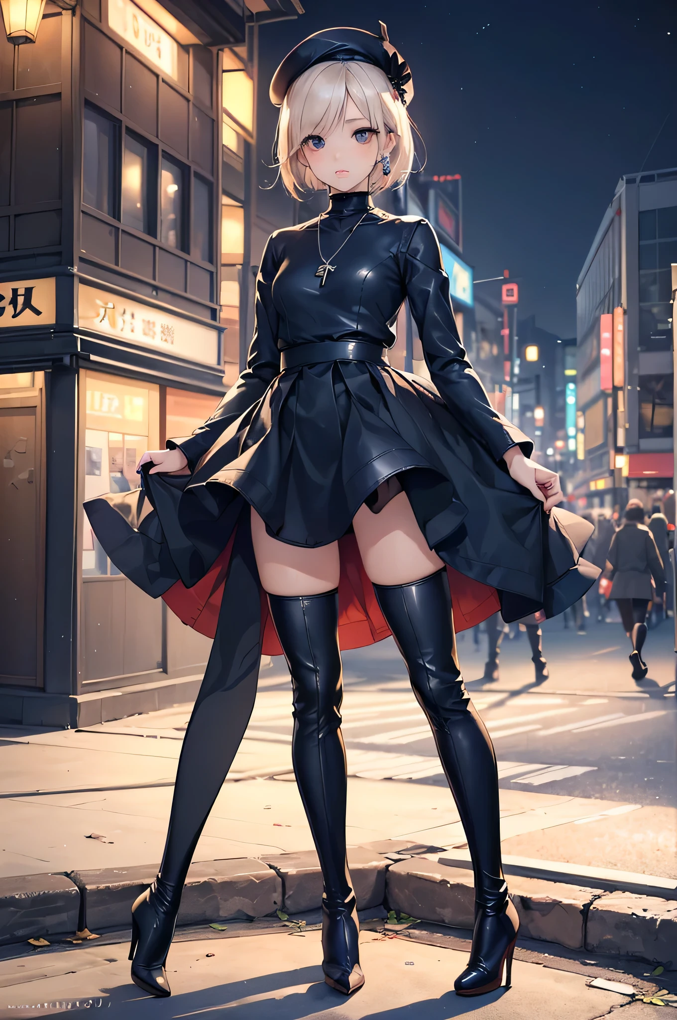 ((Biologically correct limb count)),(( From head to toe,Full-body photo including face)),4K,masterpiece,((Focus on the face)),((Symmetrical facial features)),Eyes with detailed description,Beautiful woman,Great style,Beautiful arms,Beautiful legs,Beautiful Hands,(Small Ass,Thin thighs),Detailed depiction of the face,Small earrings,necklace,(Navy leather clothes,skirt((High heels,Thigh-high boots))),Realistic photo,Short Hair,Stand at an angle,Meeting,Alluring,beret,(Outdoor,Tokyo at Night;1.2),