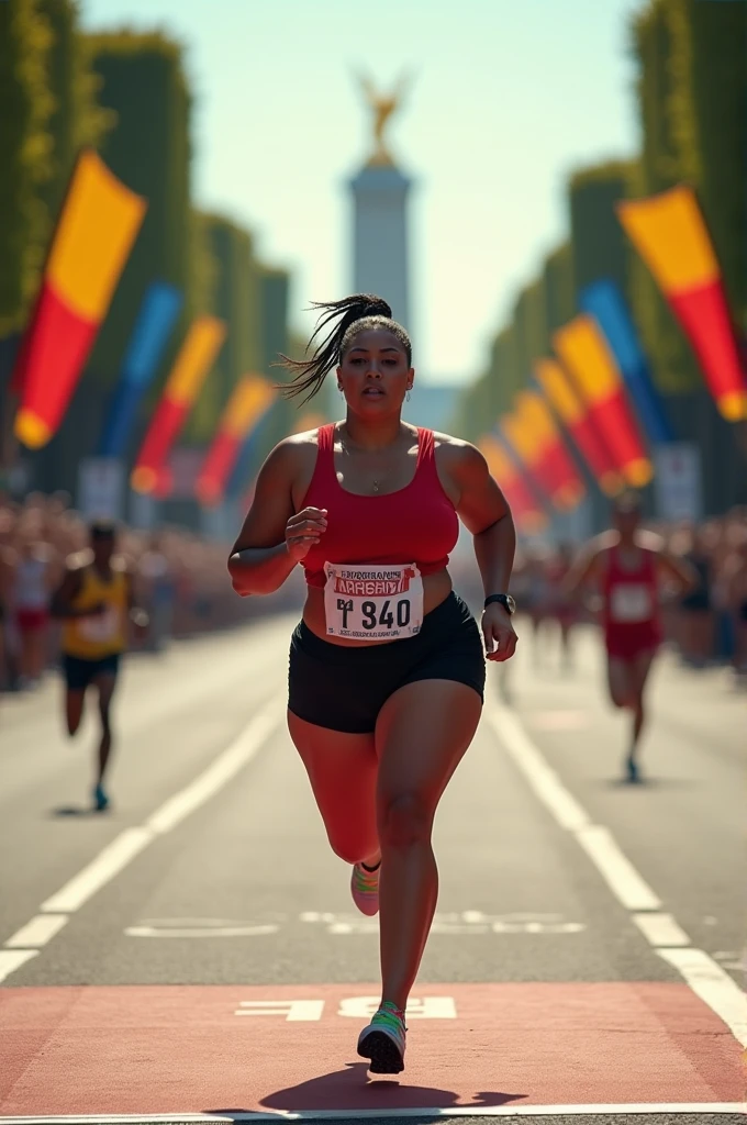 fat Olympic athlete,finish scene,finish line,drone photography,professional camera angle,Olympic athlete,sweaty skin,fat females Olympic marathon race,with a large breasts, big breasts!, thicc,alluring plus sized model, fat voluptuous body,fat women marathon race on Champs Elysées paris city