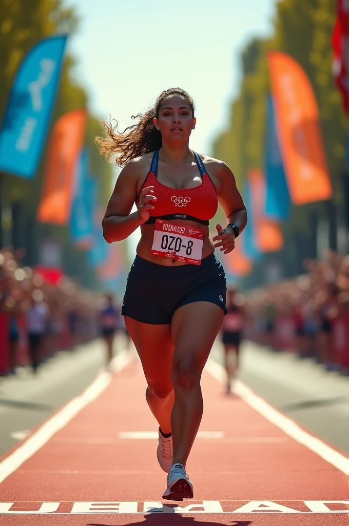 fat Olympic athlete,finish scene,finish line,drone photography,professional camera angle,Olympic athlete,sweaty skin,fat females Olympic marathon race,with a large breasts, big breasts!, thicc,alluring plus sized model, fat voluptuous body,fat women marathon race on Champs Elysées paris city