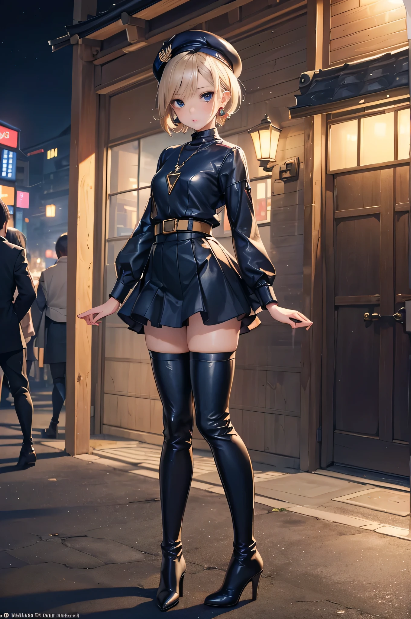 ((Biologically correct limb count)),(( From head to toe,Full-body photo including face)),4K,masterpiece,((Focus on the face)),((Symmetrical facial features)),Eyes with detailed description,Beautiful woman,Great style,Beautiful arms,Beautiful legs,Beautiful Hands,(Small Ass,Thin thighs),Detailed depiction of the face,Small earrings,necklace,(Navy leather clothes,skirt((High heels,Thigh-high boots))),Realistic photo,Short Hair,Stand at an angle,Meeting,Alluring,beret,(Outdoor,Tokyo at Night;1.2),