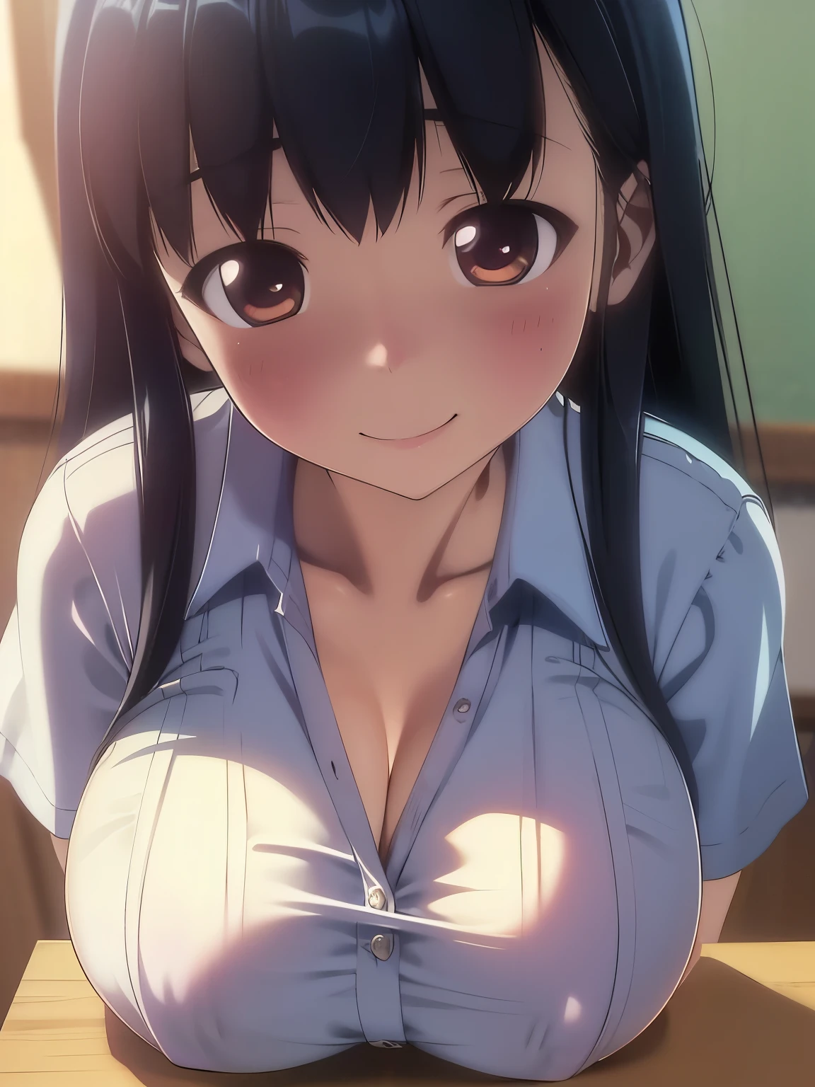 (超High resolution,4K,Very detailed, photograph, 8k, High resolution, High resolution, Absurd:1.2),15 year old Japanese girl,(Long black hair,Blunt bangs),Beautiful character design,Beautifully detailed eye depiction,Perfect Face,Expressive eyes,Brown eyes,blush,(Satisfied smile:1.4),(School uniforms:1.5),(Huge breasts:1.3),In a Japanese-style room,Daytime