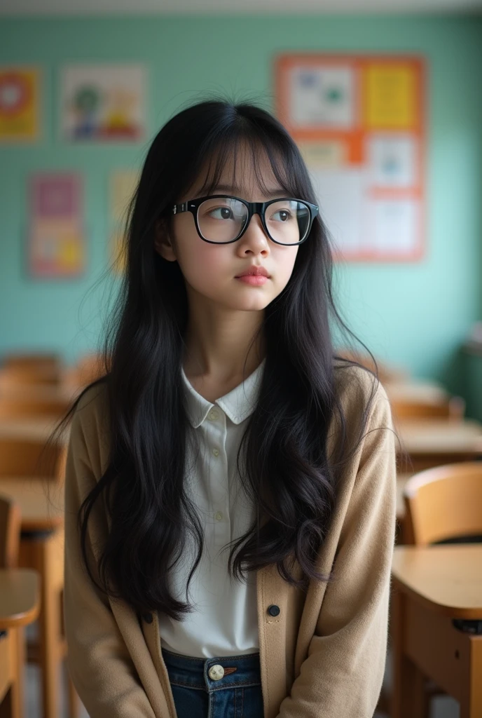 A serious-looking junior high school girl with long black hair and glasses。Short。The glasses are square frames, not round ones.　The glasses are black and the personality is quiet.　With a face that looks like she's blushing