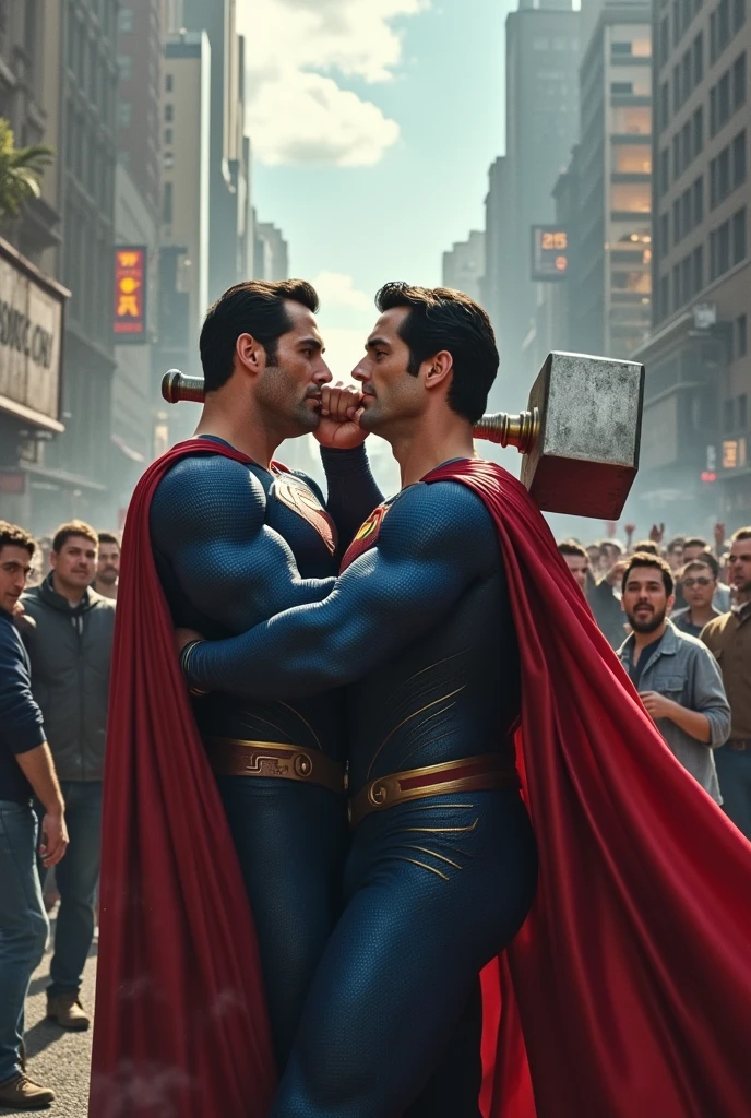 Superman and Thor fighting. Superman hold Thor thunderous hammer and grip thors neck. People are hailing from behind